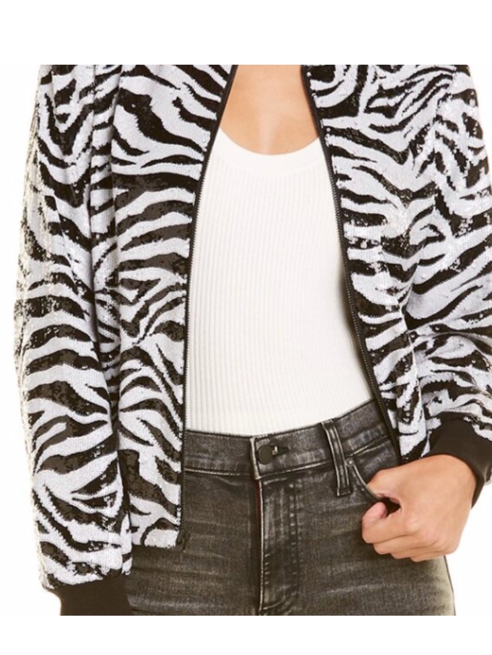 NWT Alice + Olivia Sequin Tiger Print Bomber Jacket Black White Size Small $795